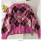 Einreihiger Pullover mit V-Ausschnitt und Rautenmuster für Damen 1778