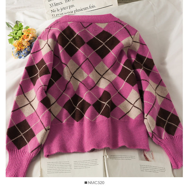 Einreihiger Pullover mit V-Ausschnitt und Rautenmuster für Damen 1778