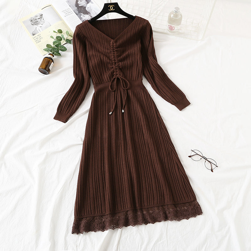 New knitted dress long sleeve lace up pleated Lace Panel bottomed skirt  2454