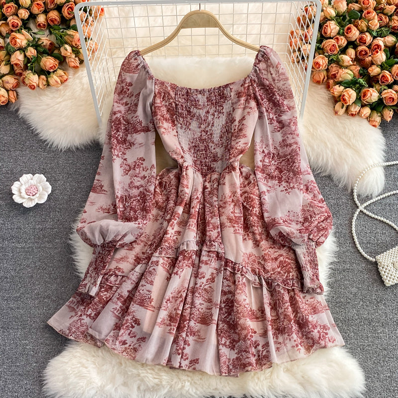 Retro ink painting square neck dress  3000