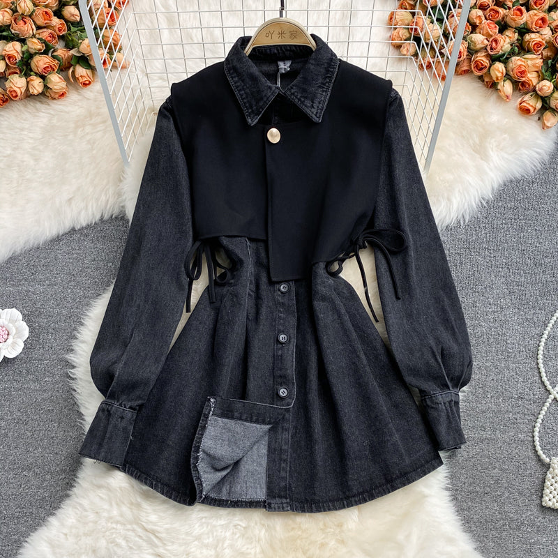 Slim waist, fake two waistcoats, lapel denim dress  3116
