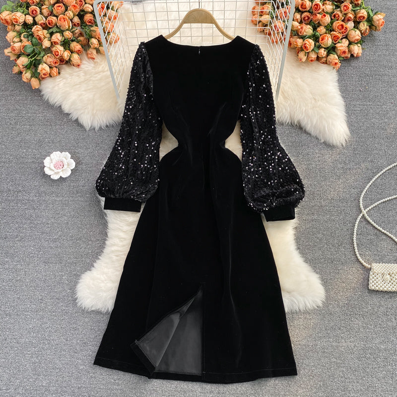 Medium length square neck velvet stitched Sequin bubble sleeve  3091