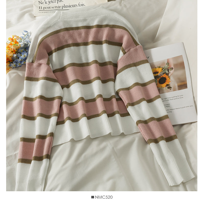 Korean stripe three button low neck thin cardigan long sleeve  1793
