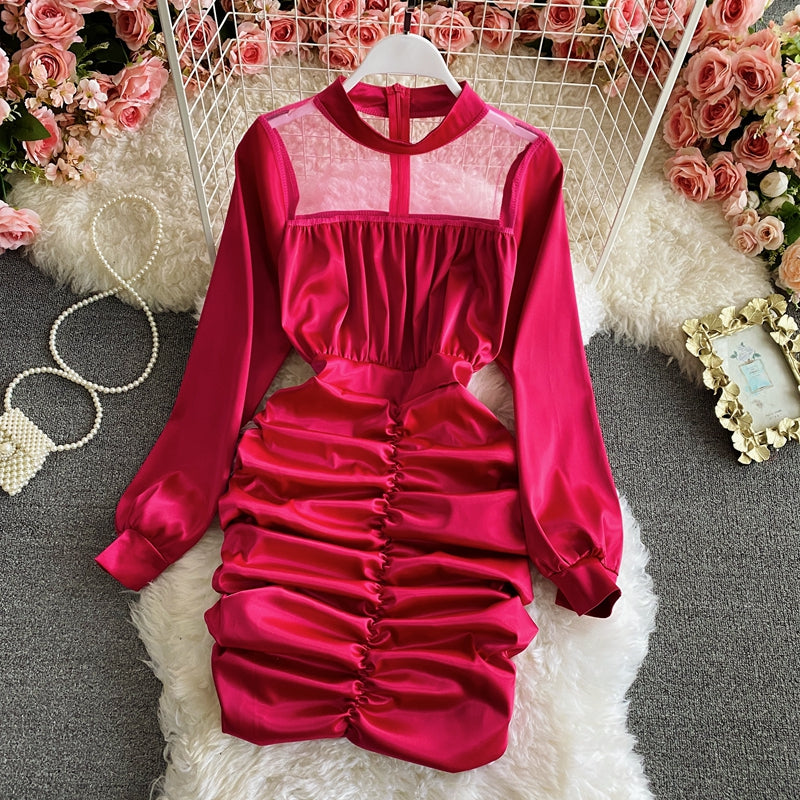 Gauze stitching thin pleated high cold imperial sister wind wrapped hip dress  3158