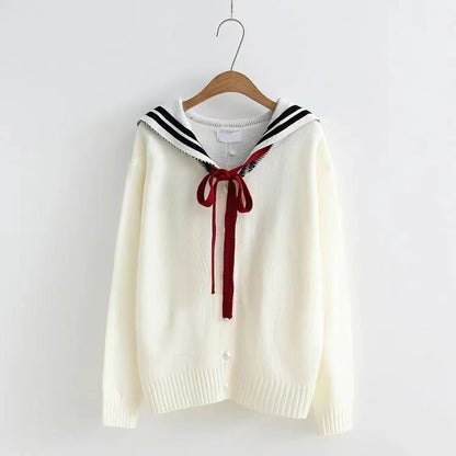 Langarmpullover mit marineblauem Kragen, Strickjacke mit Schleife für Studenten 1414