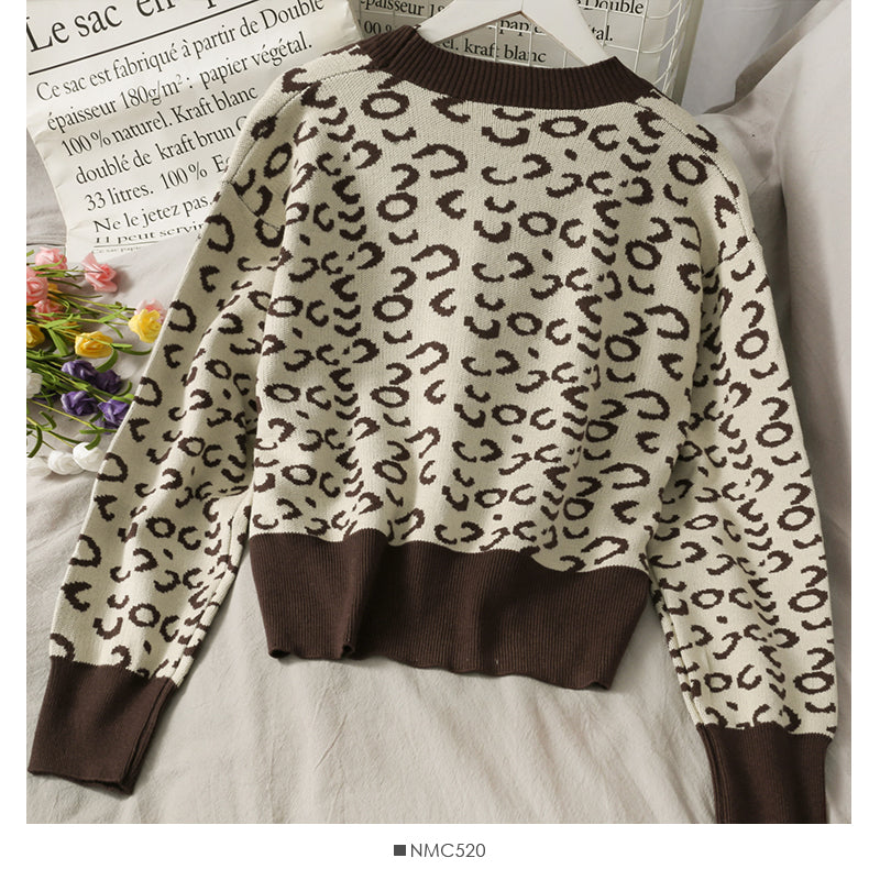 Korean retro color matching leopard three button cardigan women's sweater  1947
