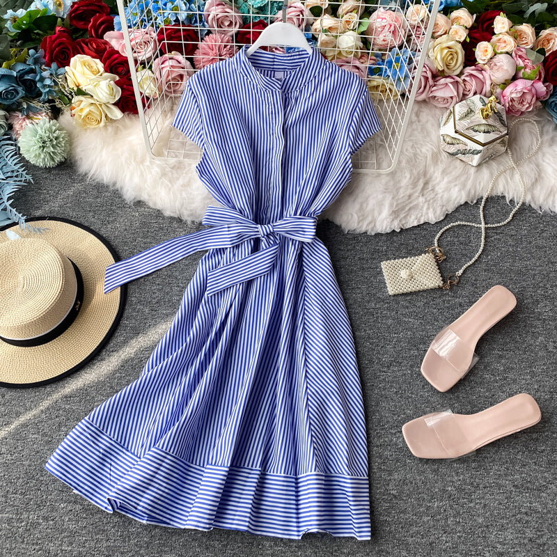 Striped light mature dress with slim waist  2947