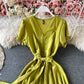 French Retro Red V-neck bubble sleeve dress  3184