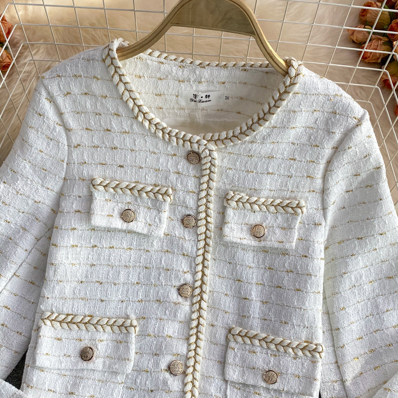 Temperament small fragrance bright silk woven single breasted long sleeved coat  1634