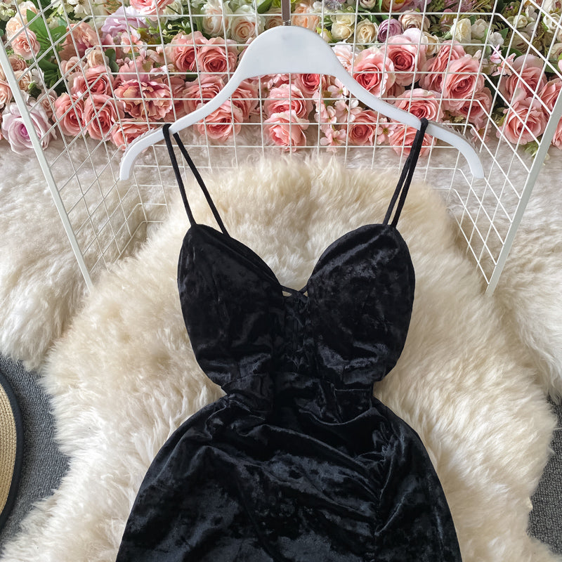 Velvet suspender split dress  3050
