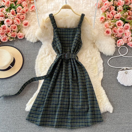 French retro Plaid strap skirt versatile backless A-line dress  2867