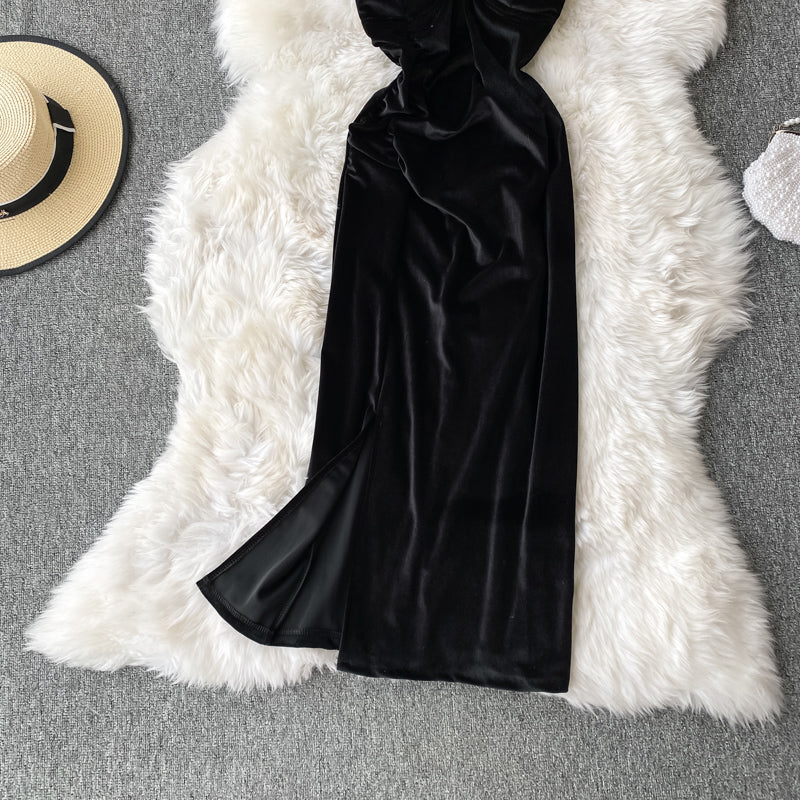 Vintage Hepburn velvet dress split Strapless suspender dress  3142