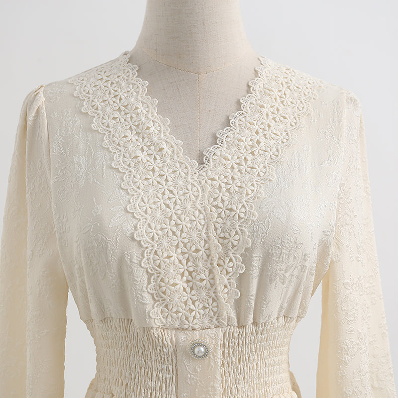 Dress long sleeve lace fairy skirt French V-neck  2283