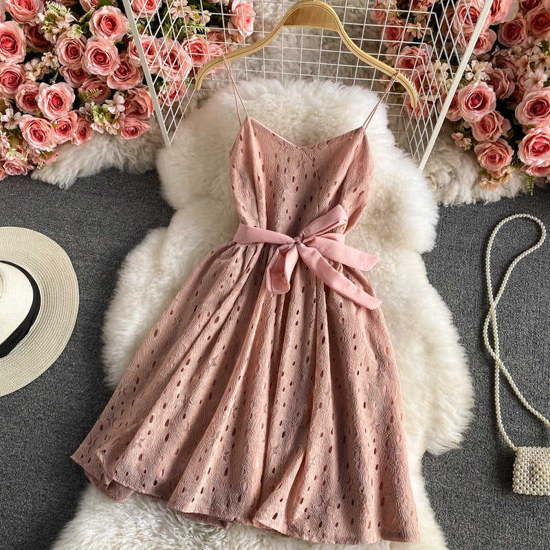 Sweet little fresh suspender skirt high waist backless lace dress  2893