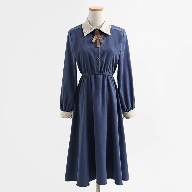 Long sleeved dress, academic style, thin temperament, knee length skirt, French long skirt, female  2159