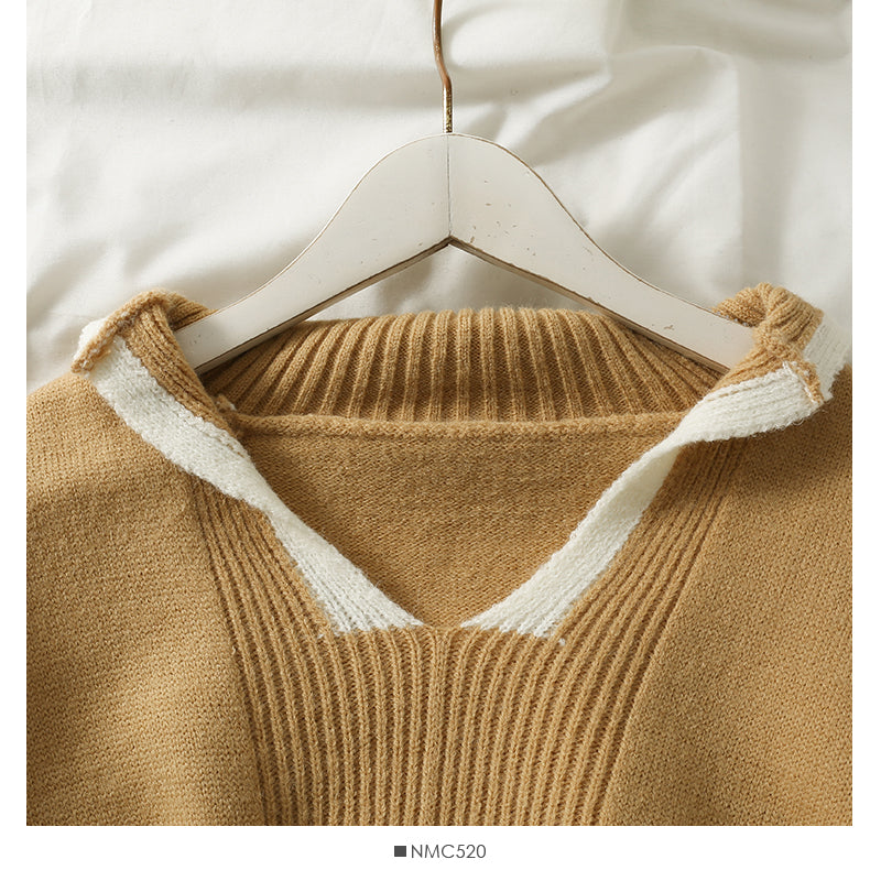 Korean color blocking stripe split loose thin V-Neck Sweater female  2000