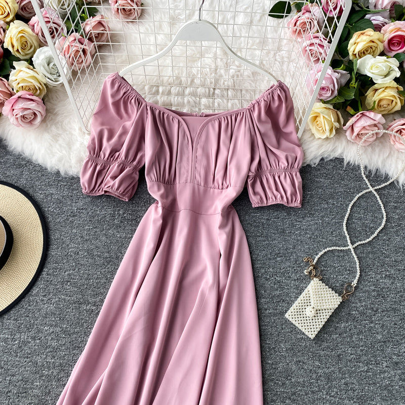 French retro square neck bubble Short Sleeve Dress  2877