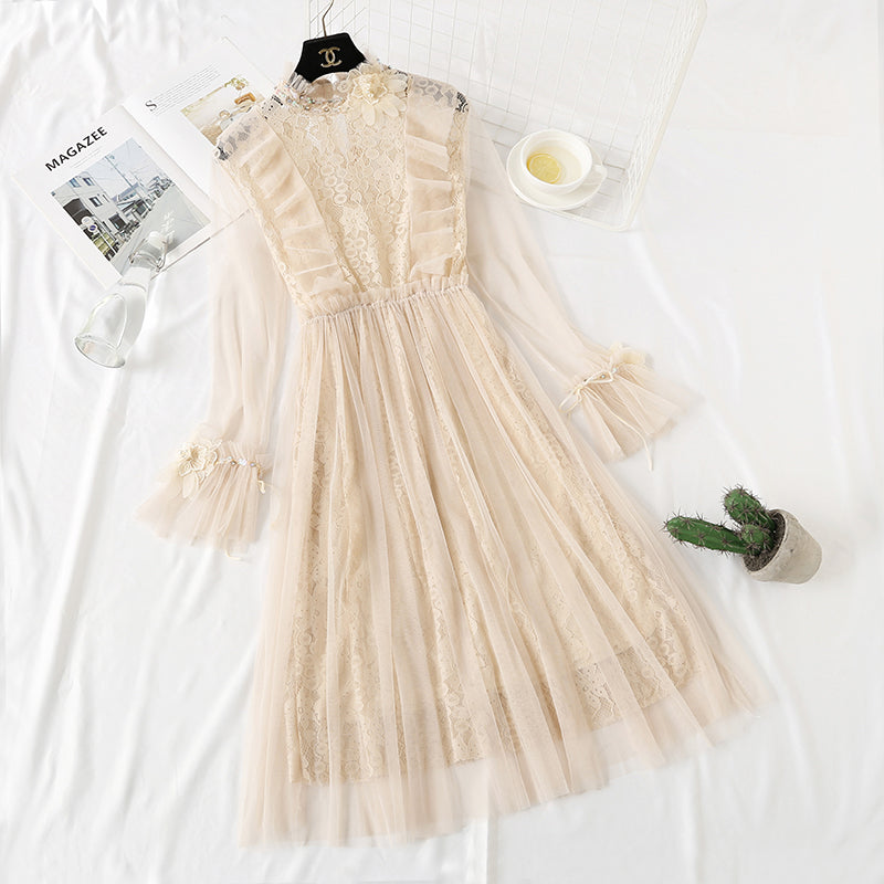 Heavy industry three-dimensional flower lace dress fairy mesh two-piece set  2466