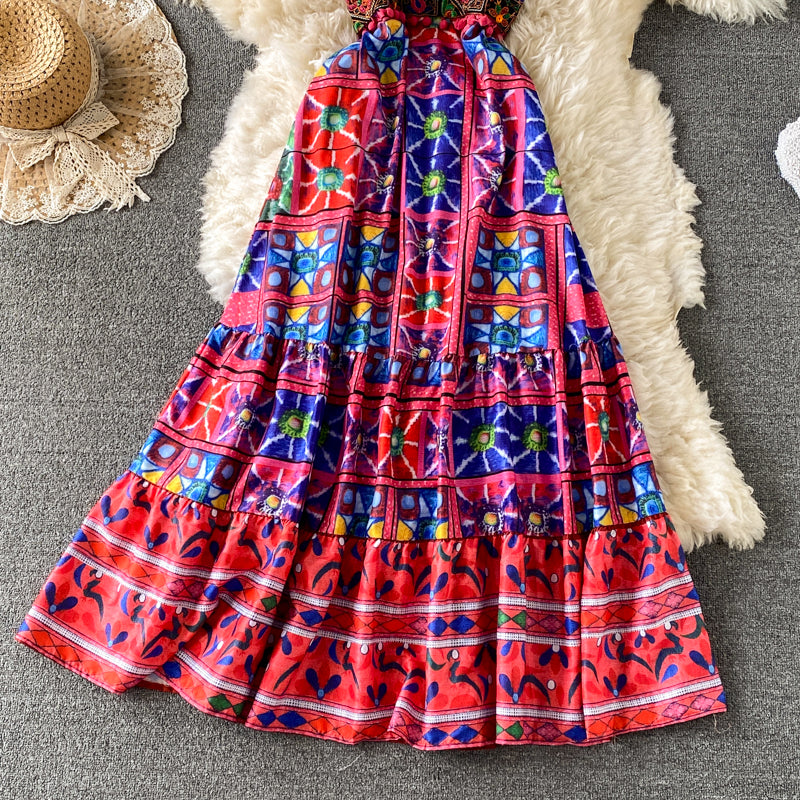 Printed ethnic embroidery suspender dress  3185