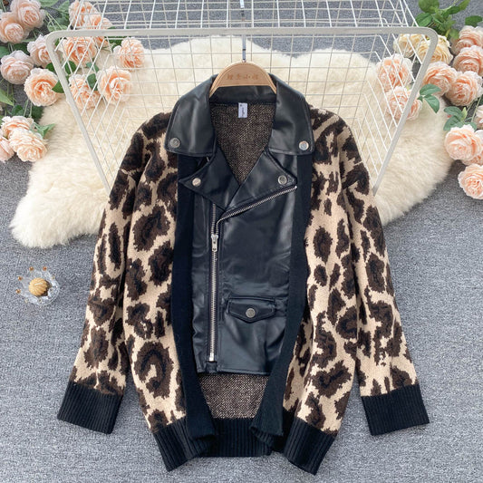Korean leopard sweater stitched short lapel  1570