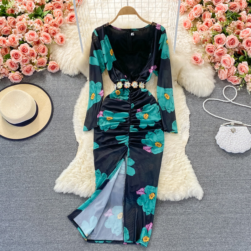 Sexy V-neck printed elastic slim wrap hip dress  3248