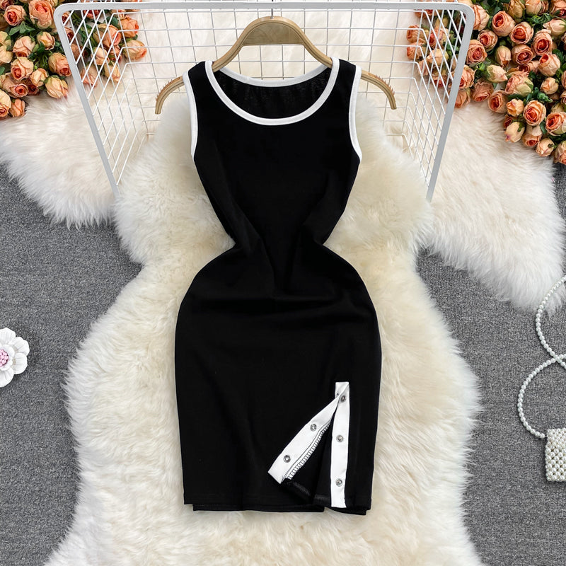 Black split vest skirt dress two piece set  2855