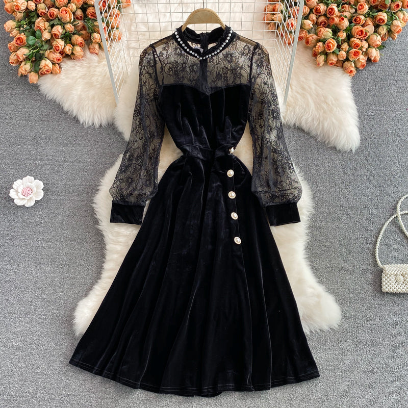 High waist, narrow waist, super fairy Hepburn style, large swing long skirt  3110