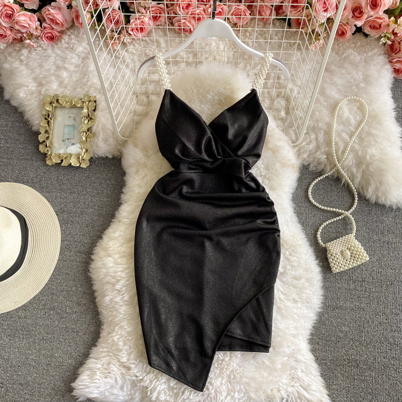 Solid color slim dress V-neck low chest and hip skirt suspender skirt  3175