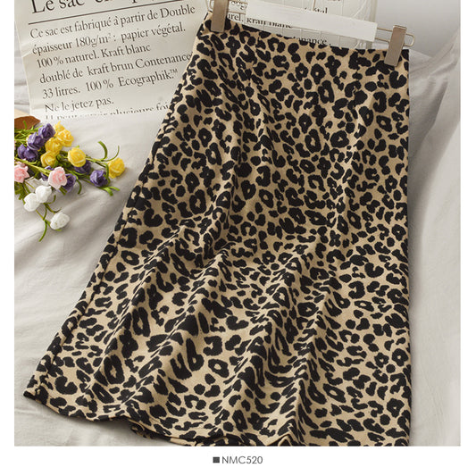 Hong Kong retro leopard print medium length high waist split one-step skirt  2662