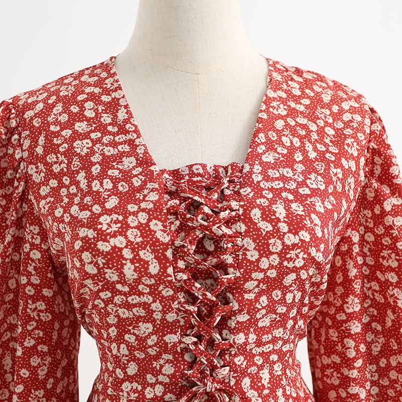 Dress long sleeve bandage floral FAIRY DRESS Vintage Chiffon  2428