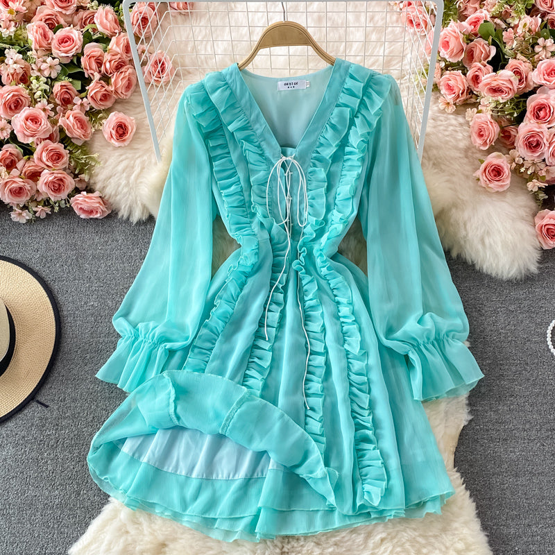 Long Sleeve Ruffle V-neck dress  3079