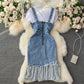 Irregular ruffled fishtail strap skirt denim dress two piece set  3064
