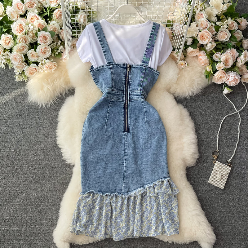 Irregular ruffled fishtail strap skirt denim dress two piece set  3064