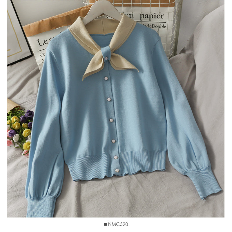 New color blocked bow single breasted loose knit  1937