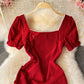 Retro disc buckle temperament bubble sleeve square neck dre  2808