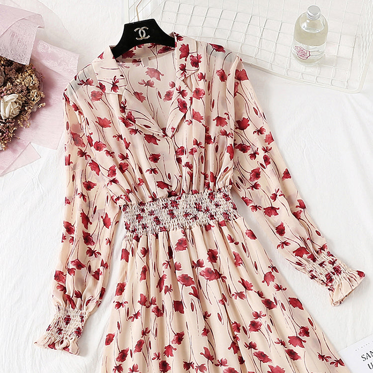 Suit collar French retro fairy super xiansen broken flower chiffon long skirt  2358