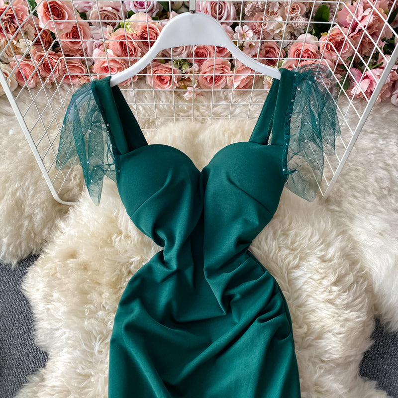Sexy, rückenfreies, plissiertes, schmales Wickel-Hüftrock-Mode-Split-Kleid 3284