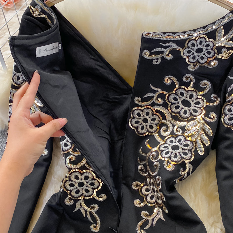 Sequin embroidered Hepburn slim fit Hip Wrap long skirt  3252