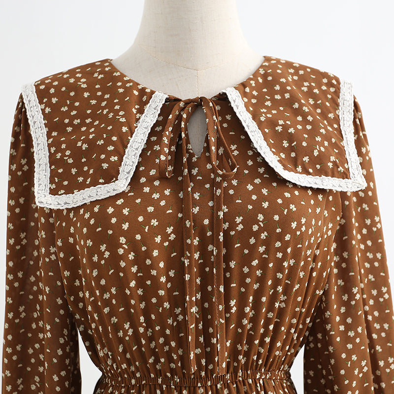 Slim baby collar coffee floral dress lace up dress  2321