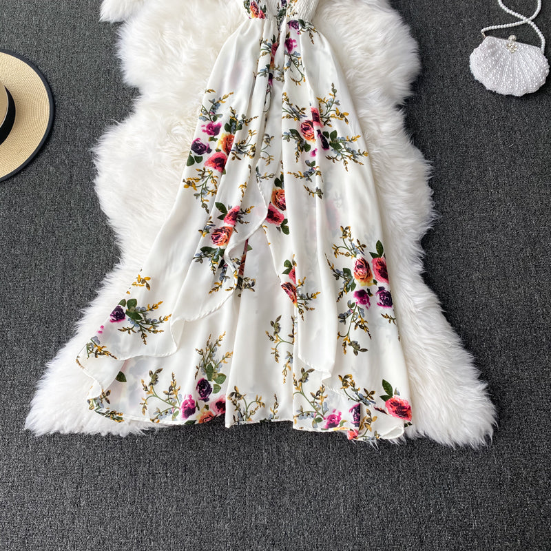 Fashion temperament one shoulder Strapless Floral Dress  2927