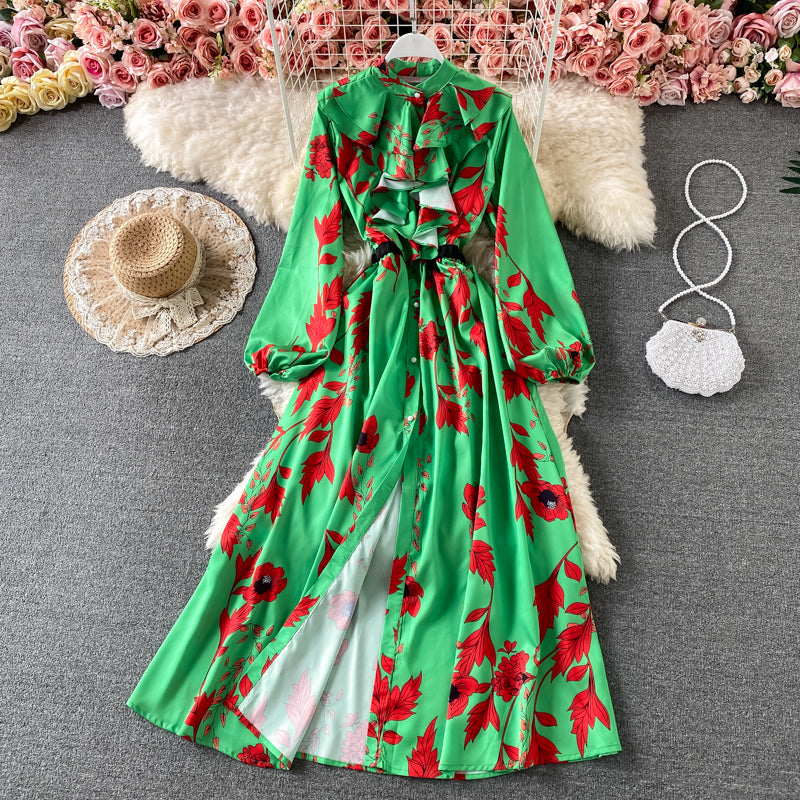 Slim and slim, lotus leaf border, waist closed and large swing A-shaped skirt  2967