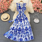 Blue and white porcelain printed Ruffle sleeveless Crew Neck Dress  2981