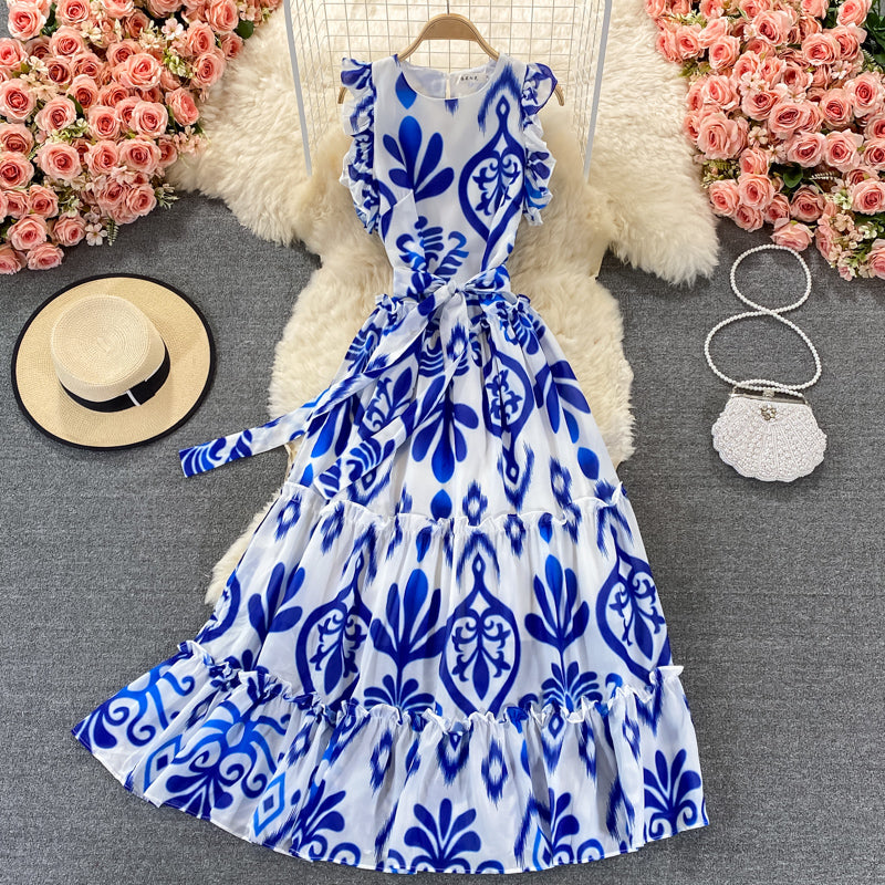 Blue and white porcelain printed Ruffle sleeveless Crew Neck Dress  2981