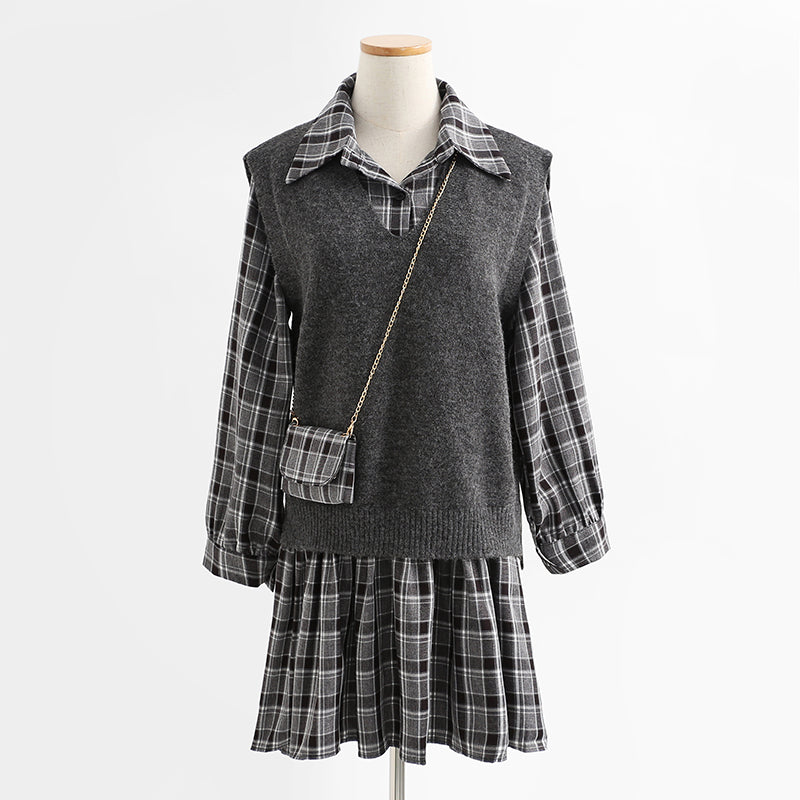 New vest LONG SLEEVE DRESS Plaid age reduction fashion two-piece suit skirt  2176