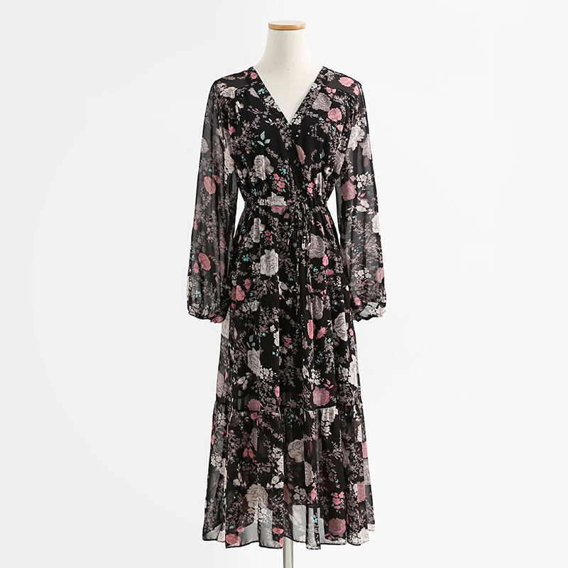 Dress shows thin temperament long skirt Retro Black Chiffon gentle skirt  2256