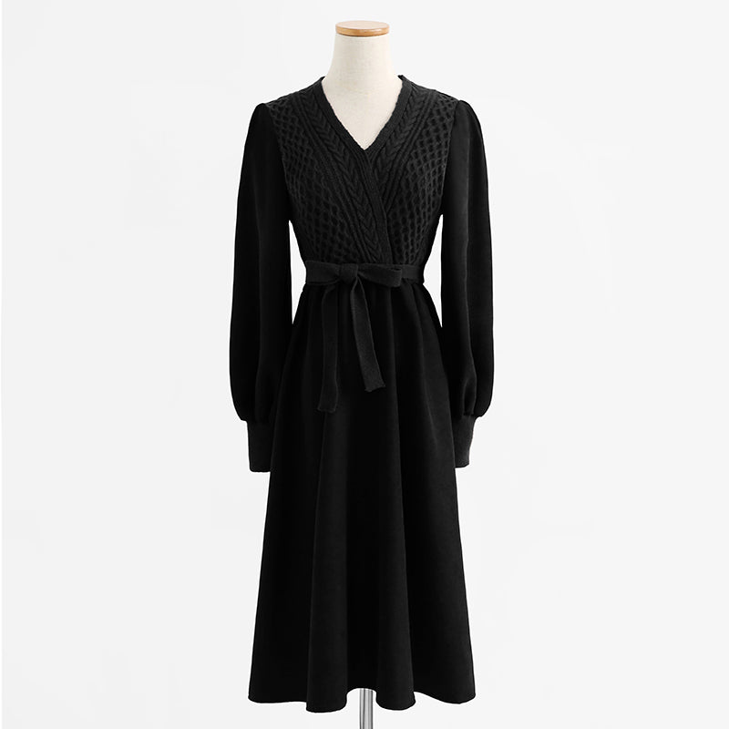 Knitted dress temperament high sense lace up wool dress inner match  2325