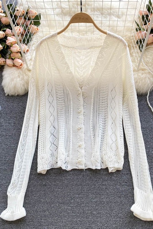 Gentle wind wear a vintage hook flower hollowed out knitted cardigan coat  1580