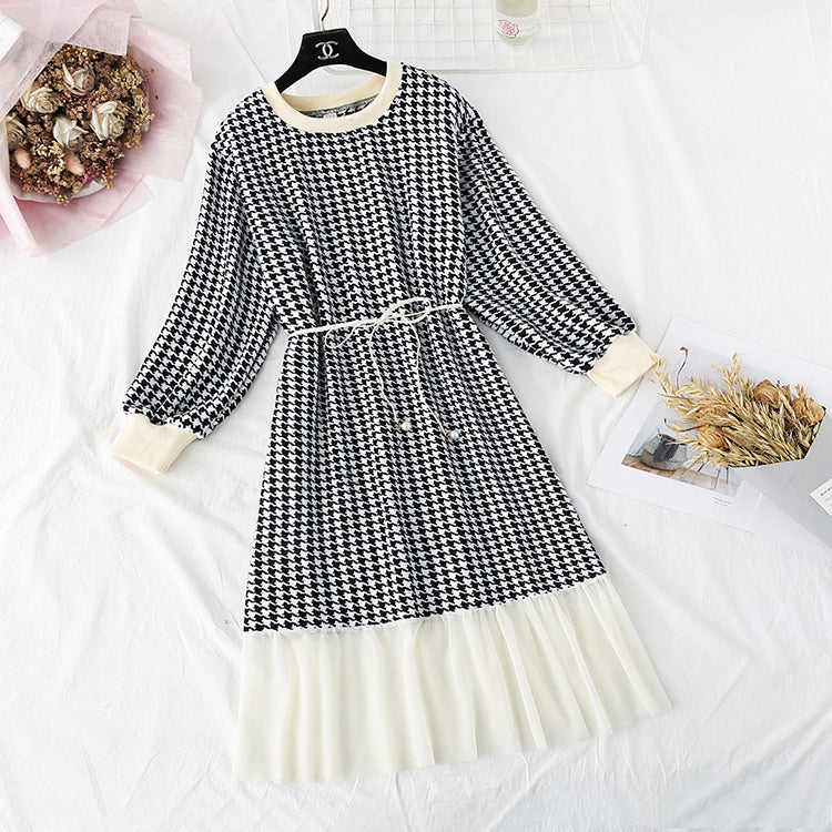 New French Vintage Plaid long sleeve waist closing slim skirt  2293