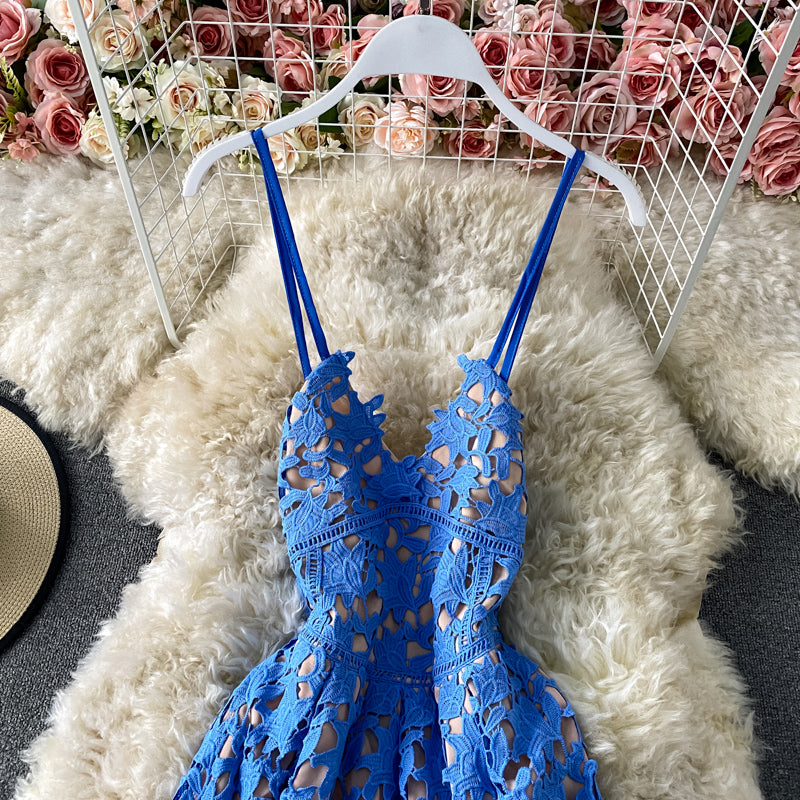 Sling one shoulder hollowed out water-soluble lace dress  2801