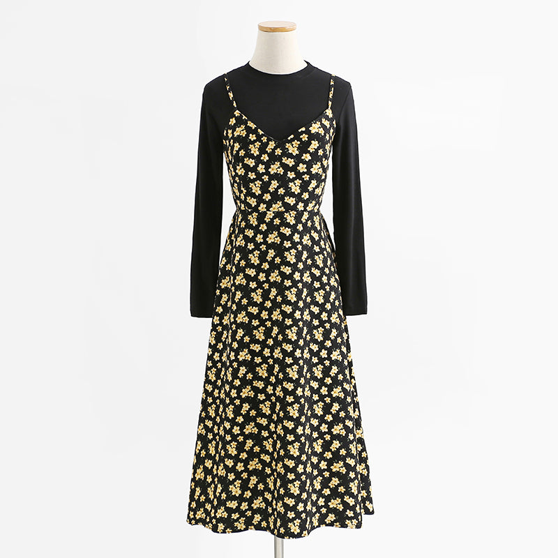 Floral skirt corduroy suspender dress women's two-piece suit  2177